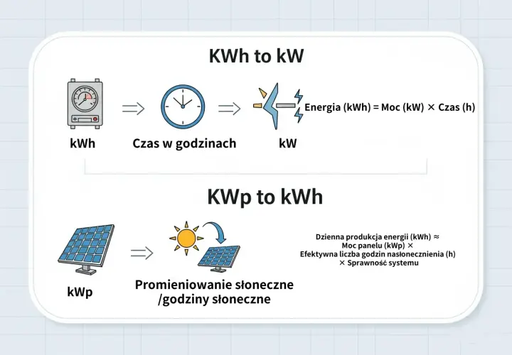 Diagram wyjaśnia, jak energia (kWh) zależy od mocy (kW) i czasu. Panele słoneczne (kWp) produkują energię w zależności od nasłonecznienia.