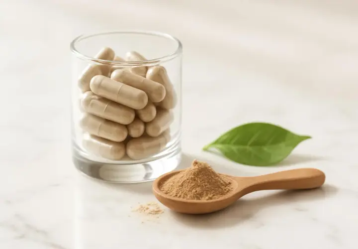 Capsule e polvere di adattogeni in un bicchiere e su un cucchiaio di legno, con una foglia verde sullo sfondo.