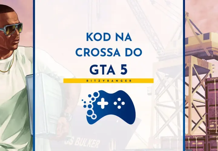 Postać z GTA 5 z walizką, obok napis "KOD NA CROSSA DO GTA 5" i logo kontrolera.