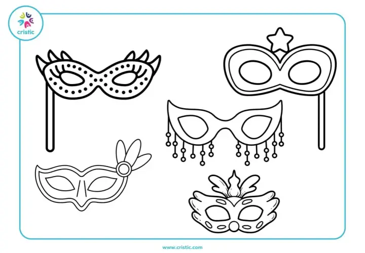 Conjunto de dibujos de carnaval kawaii para colorear: máscaras con plumas, estrellas y adornos. ¡Perfectos para una fiesta!