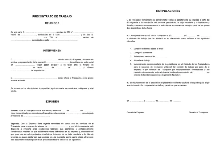 Precontrato de trabajo con estipulaciones sobre duración, categoría, salario, jornada e indemnización.