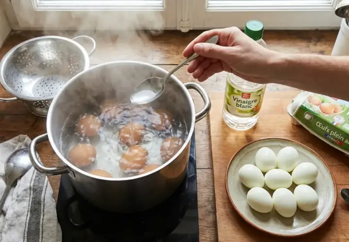 Une main ajoute du vinaigre blanc dans l'eau bouillante où cuisent des œufs. C'est une astuce pour éviter que les œufs durs ne se fendent.