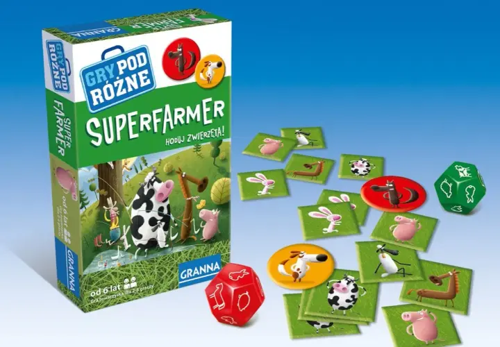 Super Farmer: zasady gry towarzyskiej z uroczymi zwierzątkami. Plansza, kostki i żetony z farmą.