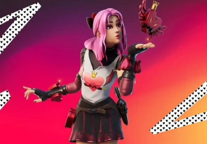 Dziewczyna z różowymi włosami i sercem na koszulce, która dmucha całusa do latającego serca. To jedne z najlepszych skinów w Fortnite.