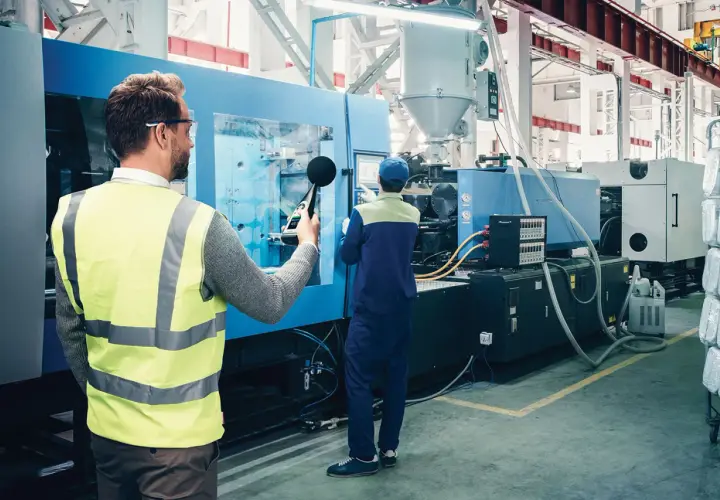 Un técnico con chaleco reflectante mide el nivel de presión sonora de una máquina industrial.