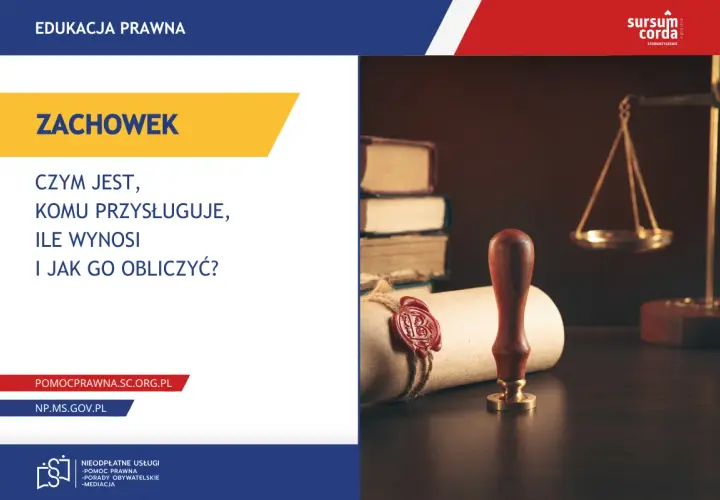 Zachowek dla kogo? Dowiedz się, czym jest, komu przysługuje i jak go obliczyć. Obraz przedstawia symbole prawa: wagę, pieczęć i księgi.