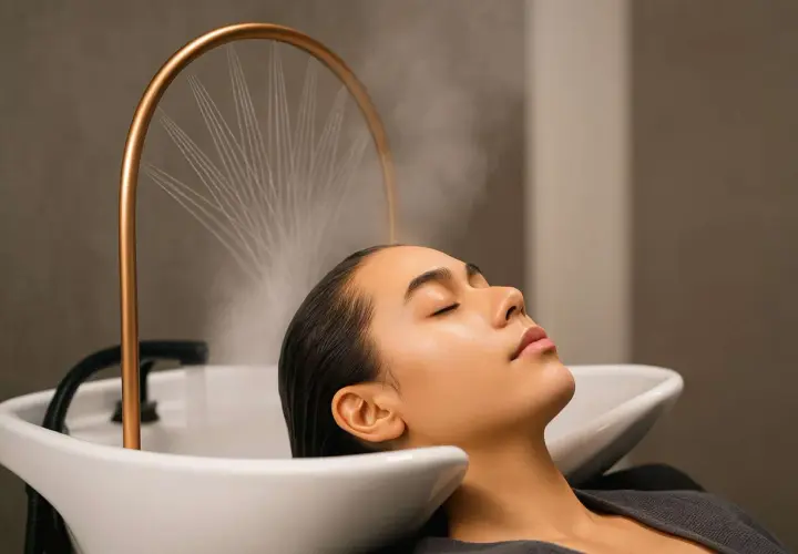 Mujer disfrutando de un tratamiento de spa para el pelo con vapor, relajándose en un lavacabezas.