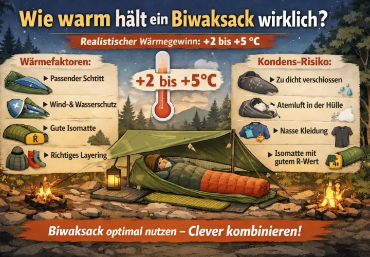 Ein Biwaksack schützt vor Kälte und Nässe. Die Grafik zeigt, wie man ihn optimal nutzt, um die Wärme zu maximieren und Kondenswasser zu vermeiden.