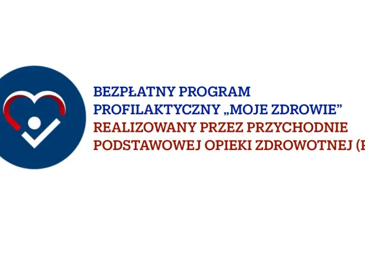 Logo z sercem i ptaszkiem. Bezpłatny program profilaktyczny „Moje Zdrowie” dla osób 40 plus realizowany przez POZ.