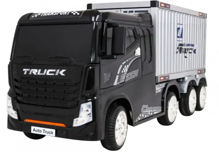Czarny tir z przyczepą, z napisem "TRUCK" na masce. Idealny do transportu zabawek.