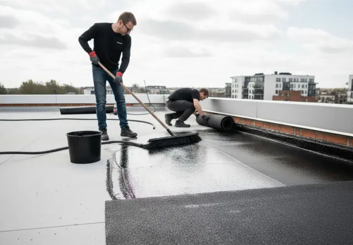 Dwóch mężczyzn układa lepik na dachu. Jeden rozprowadza masę, drugi rozwija rolkę materiału.