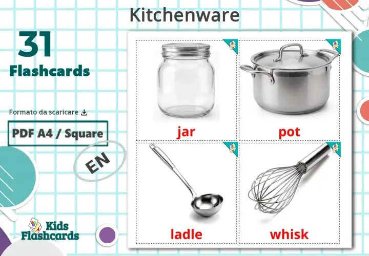 Flashcards di "Kitchenware" con barattolo (jar), pentola (pot), mestolo (ladle) e frusta (whisk) in inglese.