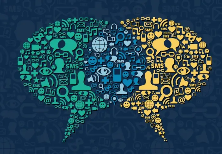 Deux bulles de dialogue composées d'icônes symbolisant la communication et les réseaux sociaux, illustrant une campagne marketing sur les réseaux sociaux.