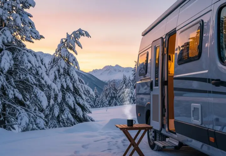 Zimowy polski caravaning. Kamper w śniegu, gorąca kawa na stoliku, zaśnieżone drzewa i góry o zachodzie słońca.