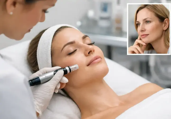 Ansiktsbehandling för mogen hud. En kvinna får microneedling för att förbättra hudens textur och lyster.