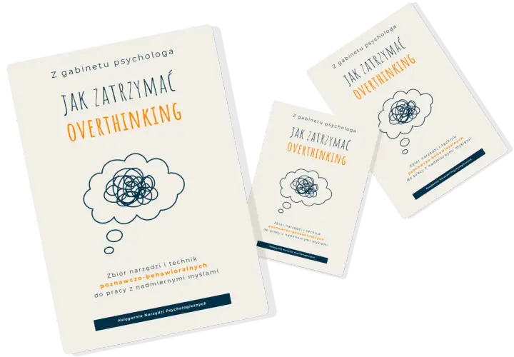 Okładki książek z poradami psychologa: "Jak zatrzymać overthinking". Grafika przedstawia kłębek myśli w chmurce.