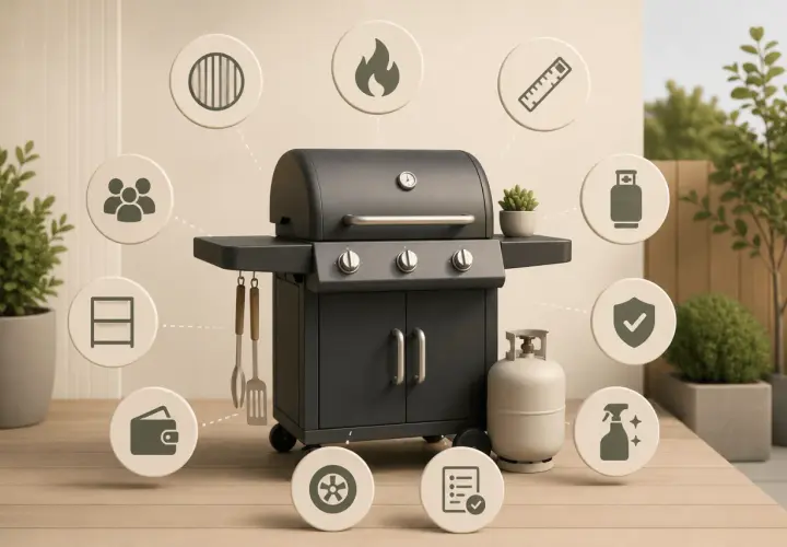 En klotgrill bäst i test, omgiven av ikoner som symboliserar familj, matlagning, säkerhet och rengöring. Perfekt för sommarens grillfester!