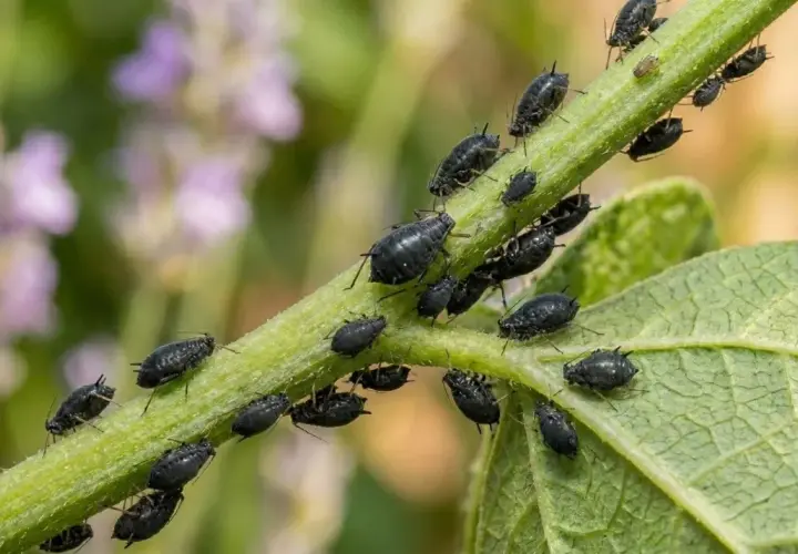 Gros plan sur une tige verte envahie par des pucerons noirs. Un vrai défi pour le traitement puceron.