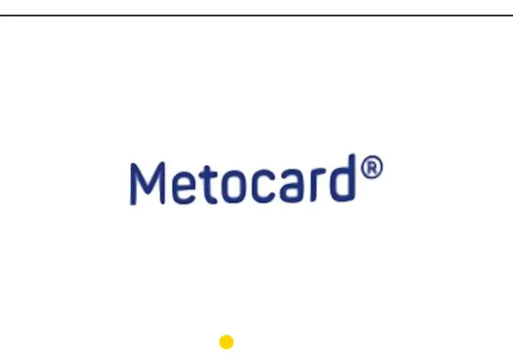 Niebieski napis Metocard® na białym tle.