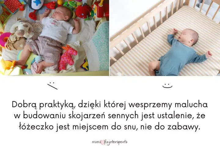 Dwa zdjęcia dzieci śpiących w łóżeczku. Psychologia spania z dzieckiem: łóżeczko to miejsce snu, nie zabawy.