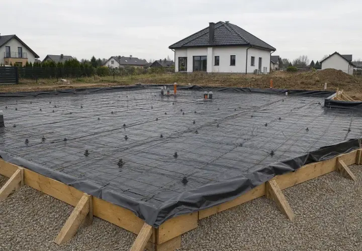 Przygotowane wykopy pod fundamenty, zbrojenie i izolacja przeciwwilgociowa czekają na beton. W tle domy jednorodzinne.