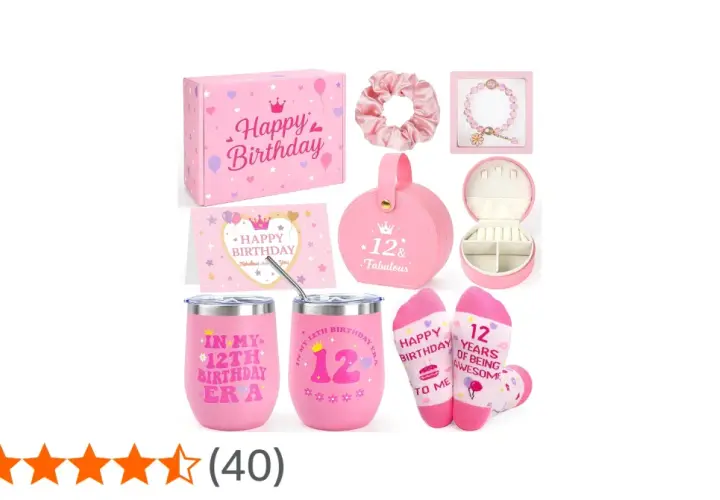 Set regalo per idee festa compleanno 12 anni ragazza: scatola, scrunchie, bracciale, portagioie, bicchieri e calzini a tema.