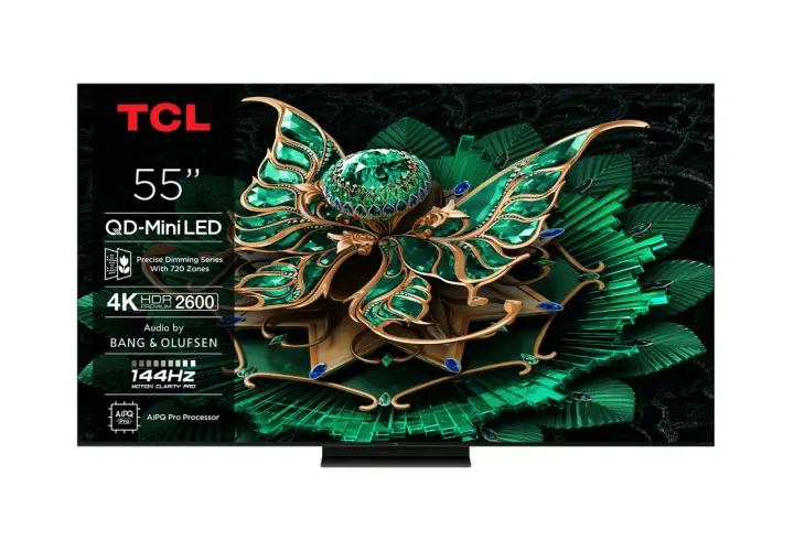 Telewizor TCL 55C7K z ekranem QD-Mini LED, 4K HDR 2600, dźwiękiem Bang & Olufsen i procesorem AiPQ Pro.