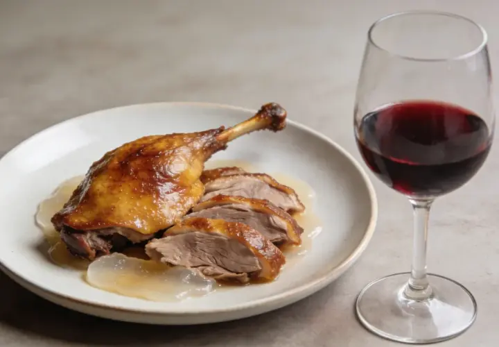 Un plat de canard rôti, tranché et nappé de sauce, accompagné d'un verre de vin rouge. Le parfait accord pour savoir quel vin rouge avec du canard.