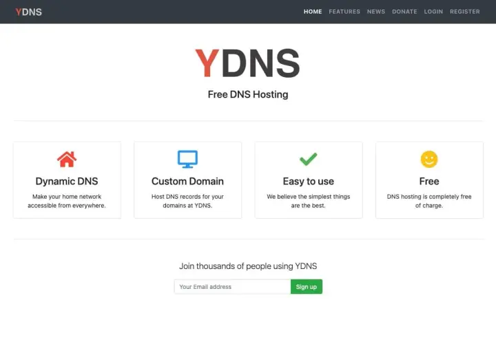 Strona YDNS oferuje darmowy hosting DNS, w tym dynamiczny DNS, niestandardowe domeny i łatwość użycia.