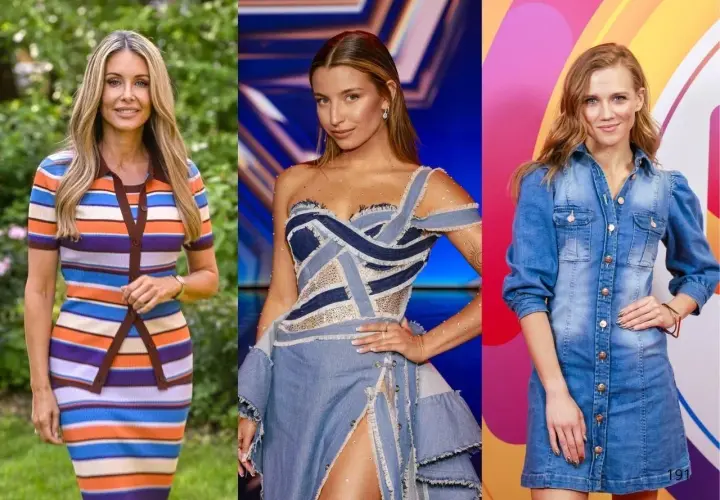 Trzy polskie aktorki w stylizacjach: w pasiastej sukience, sukni z denimu i jeansowej sukience.