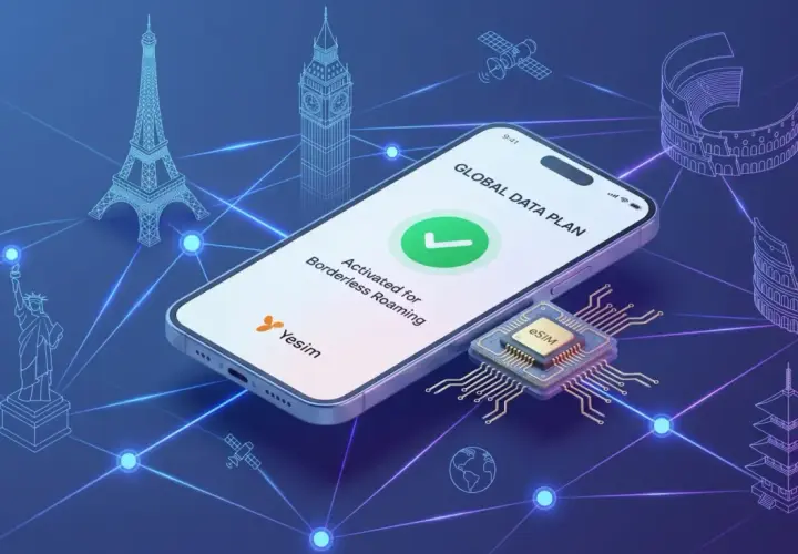 Jak sprawdzić, czy telefon obsługuje eSIM? Na ekranie telefonu widać "GLOBAL DATA PLAN" i "Activated for Borderless Roaming". Obok znajduje się chip z napisem eSIM.
