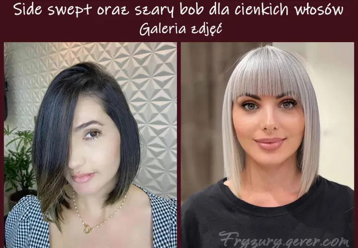 Dwie kobiety z różnymi fryzurami bob: jedna z ciemnymi włosami zaczesanymi na bok, druga z jasnymi, szarymi włosami i grzywką.
