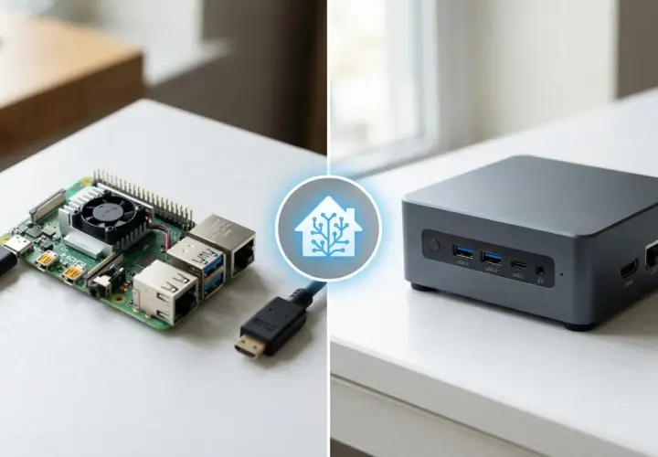 Raspberry Pi i minikomputer obok siebie, porównanie sprzętu do **home assistant**.