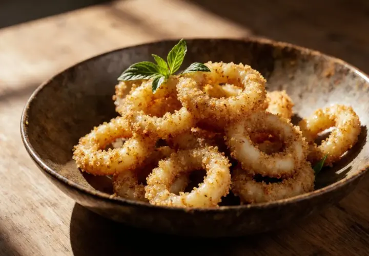 Knusprige calamari fritti in einer rustikalen Schale, garniert mit frischer Minze. Ein Genuss für die Sinne.