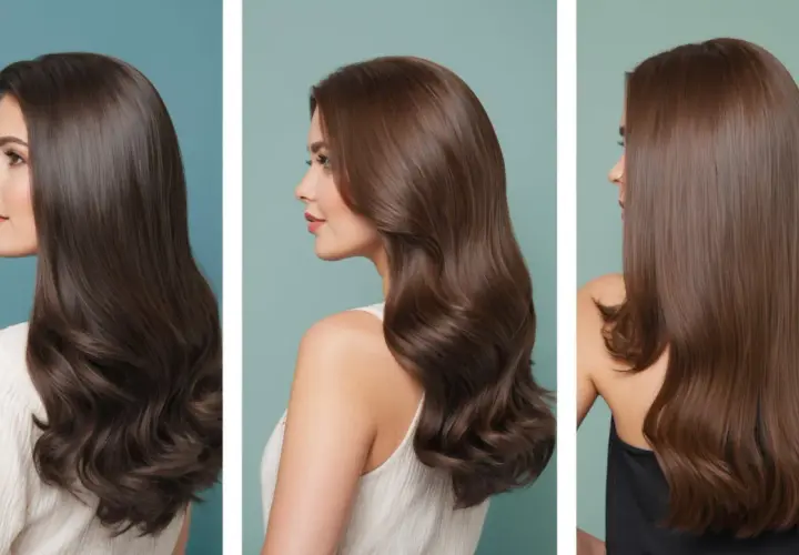 Glänzendes braunes Haar, das nach der Anwendung von ammoniakfreier Haarfarbe gesund aussieht.