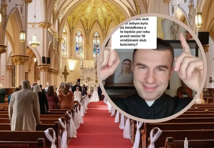 Wnętrze kościoła podczas ślubu. W okręgu ksiądz odpowiada na pytanie: czy świadek musi mieć bierzmowanie?