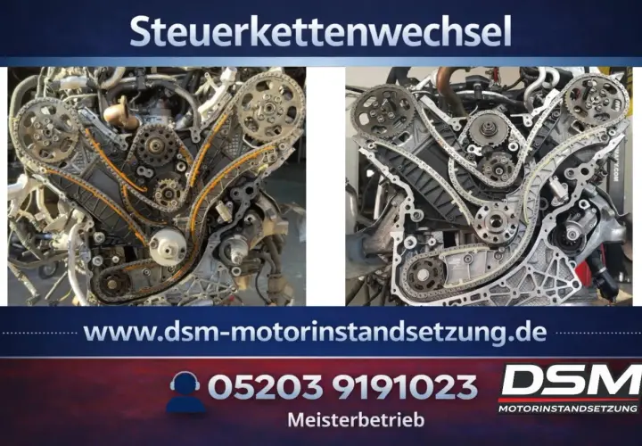Zwei Ansichten eines Audi 3.0 TDI Motors mit freigelegtem Steuerkettensatz. Das Wechselintervall ist hier entscheidend.