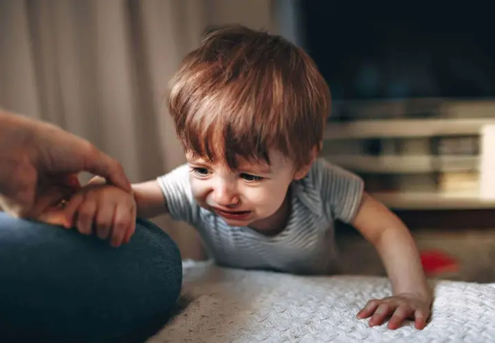 Gråtande bebis med rött hår, en high need baby som håller en vuxen hand.
