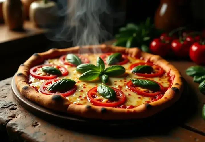 Gorąca pizza margherita z pomidorami i bazylią, parująca na drewnianym blacie. Idealne składniki na pizzę.