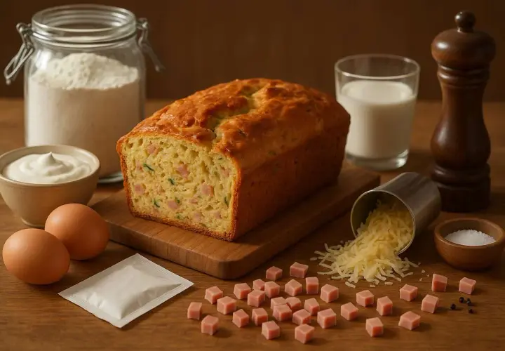 Un cake salé moelleux, prêt à être dégusté, avec ses ingrédients : farine, œufs, fromage, jambon, lait et épices.