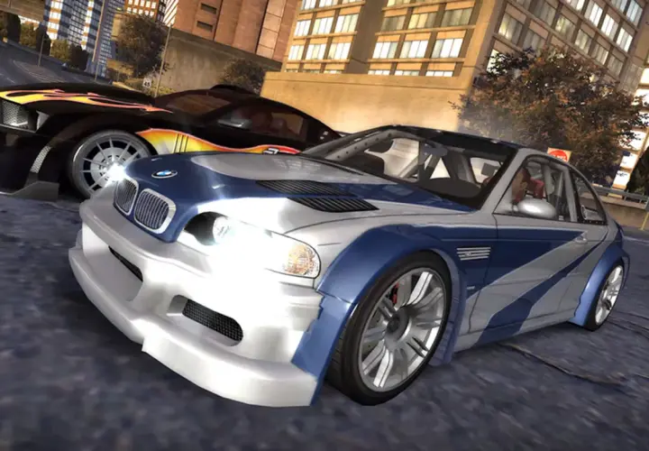 BMW M3 i Mustang z płomieniami, gotowe do wyścigu w NFS Most Wanted Redux.