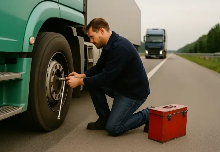 Kierowca naprawia koło w zielonym tirze diesel na poboczu drogi. Obok stoi czerwona skrzynka z narzędziami.
