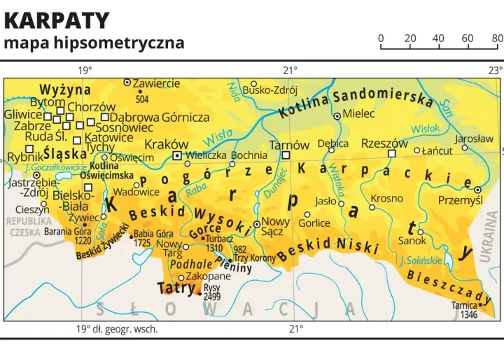 Mapa pokazuje, gdzie leżą Beskidy, Tatry i Bieszczady w Karpatach, z zaznaczonymi miastami i rzekami.