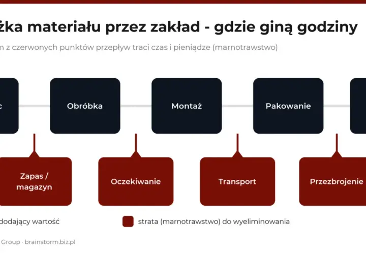 Schemat ścieżki materiału w produkcji: surowiec, obróbka, montaż, pakowanie, wyrób gotowy. Czerwone pola to straty w logistyce produkcji.