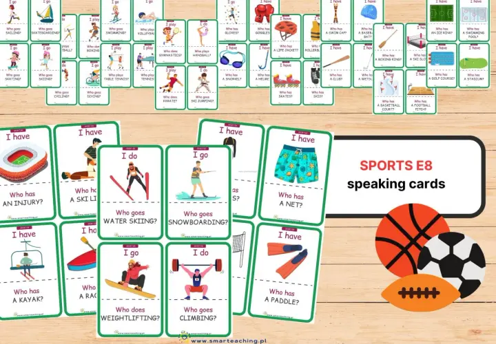 Karty do nauki nazwy sportów po angielsku: sailing, skateboarding, swimming, volleyball, boxing, gymnastics, karate, weightlifting, climbing, snowboarding, water skiing, cycling, diving, skiing, ski jumping, kayaking, handball, tennis, table tennis, go...
