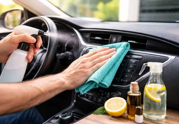 Nettoyer l'intérieur d'un camping-car avec un spray et une microfibre. Citron et huiles essentielles pour un nettoyage naturel.