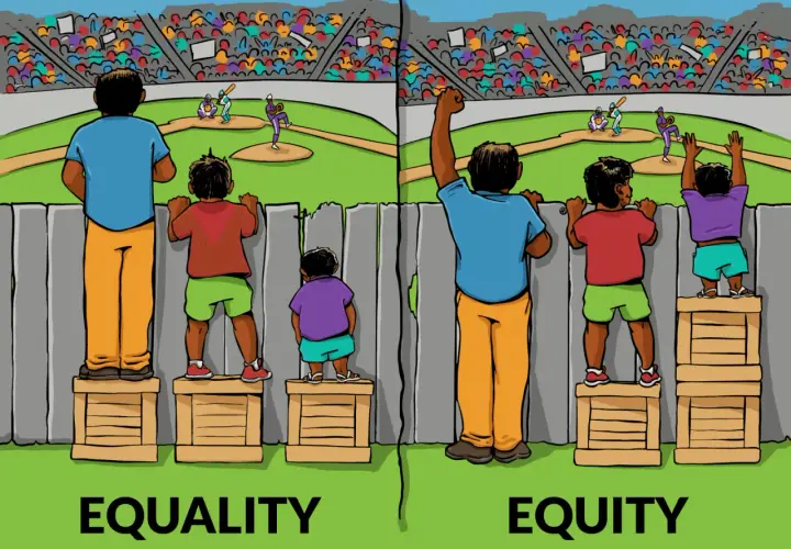 The image illustrates why equity is important in the workplace: "Equality" shows everyone getting the same box, but only some can see. "Equity" gives boxes based on need, allowing everyone to watch the game.