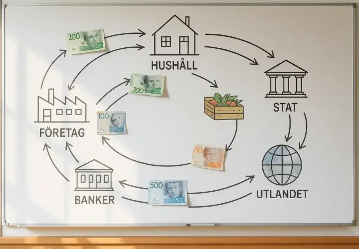Diagram visar pengaflöden mellan hushåll, företag, banker, staten och utlandet. En visuell guide för att bli ekonomiskt oberoende på 10 år.