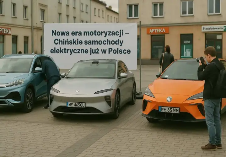 Trzy nowoczesne chińskie samochody elektryczne prezentowane na placu. Mężczyzna fotografuje pomarańczowy model.