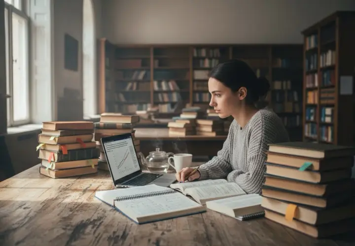 Studentka w bibliotece pochłonięta nauką. Zastanawia się, ile trwa doktorat, otoczona stertami książek i notatek.